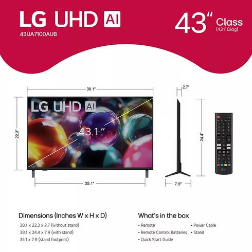 LG 43" UA7100 UHD AI 4K Smart TV with HDR, ThinQ AI, WebOS & 4-Year Protection Plan