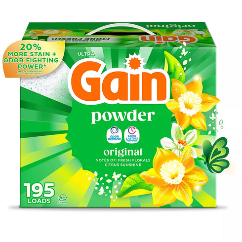 Gain Powder Laundry Detergent, Original Scent, HE Compatible, 195 Loads, 180 oz.