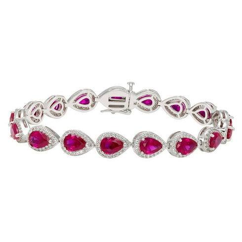Pear Cut Lab Created Gemstone Halo Tennis Bracelet in Sterling Silver