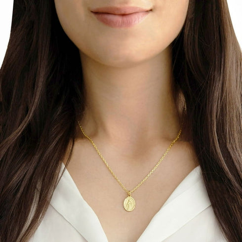 Virgin Mary Oval Pendant Necklace in Solid 14K Gold