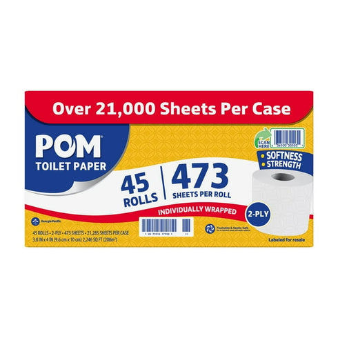 POM 2-Ply Toilet Paper, 45 Rolls, 473 Sheets per Roll