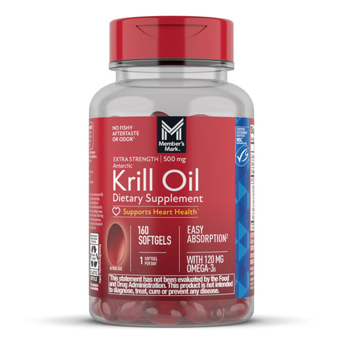 Member’s Mark Extra Strength Antarctic Pure Omega-3 Krill Oil Softgels, 500 mg, 160 Count – Supports Heart, Brain & Joint Health