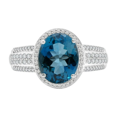 Treated London Blue Topaz and Halo Diamond Ring in 14K Gold