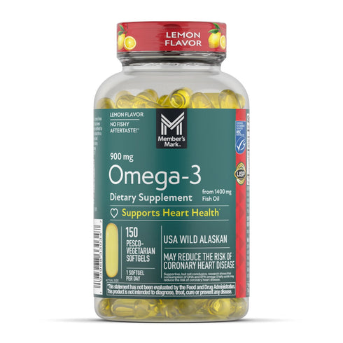 Member’s Mark Omega-3 Fish Oil Softgels, 900 mg, 150 Count – Supports Heart, Brain & Joint Health