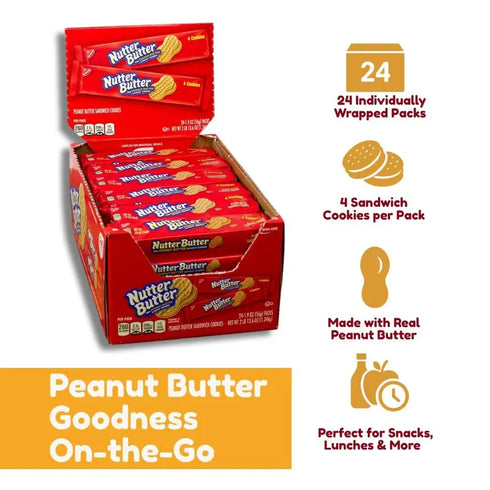 Nutter Butter Peanut Butter Sandwich Cookies, Family Size, 24 Pack - Crunchy Peanut-Shaped Treats with Creamy Filling, Perfect for Sharing, Snacking, or Dipping in Milk, Sealed for Freshness in Every Pack