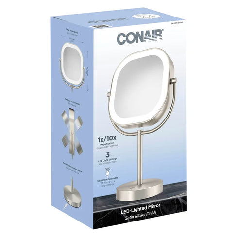 Conair LED Double-Sided Magnification Mirror, 1x/10x – Rechargeable Vanity & Makeup Mirror