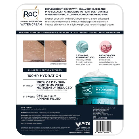 RoC Hydrate + Plump Water Cream Face Moisturizer, 1.7 oz Each, 2-Pack – Lightweight Gel Cream for Deep Hydration & Plumper Skin