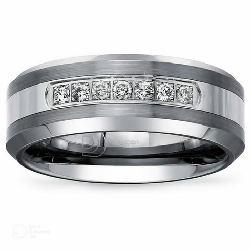 Men's Diamond Wedding Band in Tungsten and Stainless Steel | 0.20 CTW
