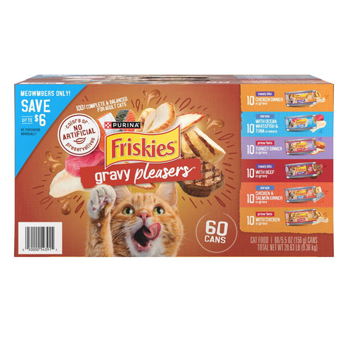 Purina Friskies Gravy Pleasers Variety Pack Adult Wet Cat Food, 5.5 oz Cans, 60-Count – Savory Gravy Meals