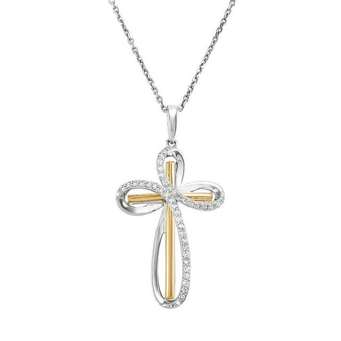 Two-Tone Diamond Cross Pendant in Sterling Silver and 14K Gold