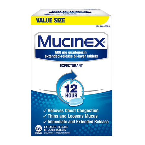 Mucinex 12-Hour Chest Congestion & Mucus Relief Tablets, 600 mg Guaifenesin Expectorant, 120 ct.