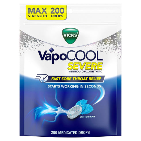 Vicks VapoCool Severe Medicated Sore Throat Drops, Menthol & Eucalyptus, 200 ct., Fast-Acting Relief