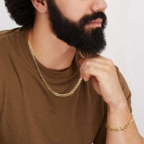 Beveled Mariner Chain Link Necklace in Solid 14K Gold