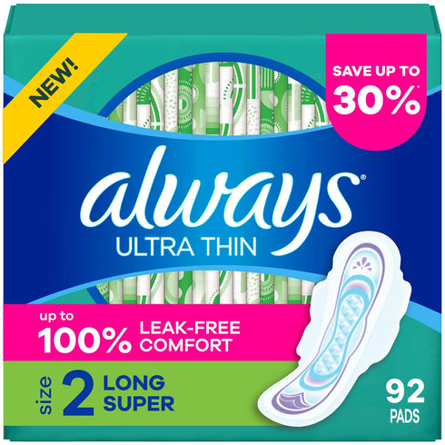 Always Ultra Thin Long Super Pads with Wings, Size 2, 92 ct