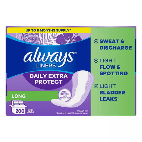 Always Daily Extra Protect Long Panty Liners, Unscented, 200 Count