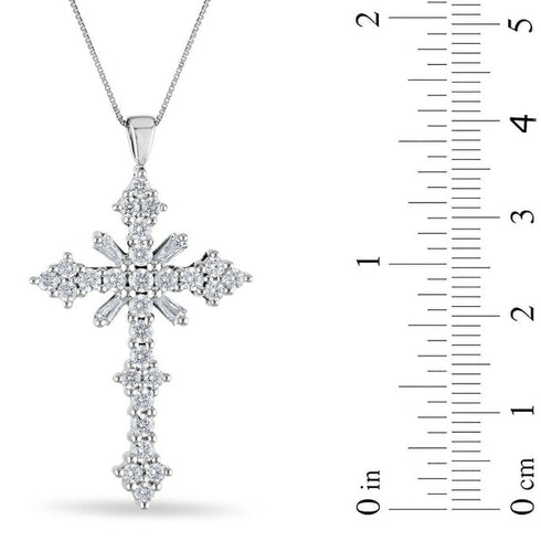 Baguette and Round Cut Diamond Cross Pendant Necklace in 14K Gold