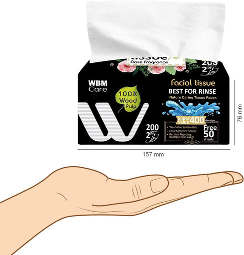 WBM Care Professional Facial Tissues with Rose Fragrance - (Pack of 12) 200 Sheets per Box, Ultra-Soft, White Tissues for Gentle Care