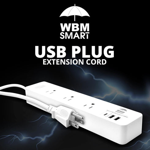WBM Smart USB Plug Extension Cord, 3 AC, 2 USB Sockets & C-Type