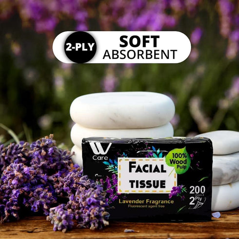 WBM Care Super Soft 2-Ply Facial Tissues with Lavender Fragrance, (Pack of 6) 200 Sheets per Box | 100% Natural Wood Pulp