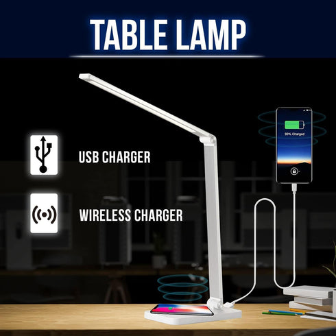 WBM SMART LED Table Lamp, Foldable Desk Lamp with Wireless Charger & USB Port