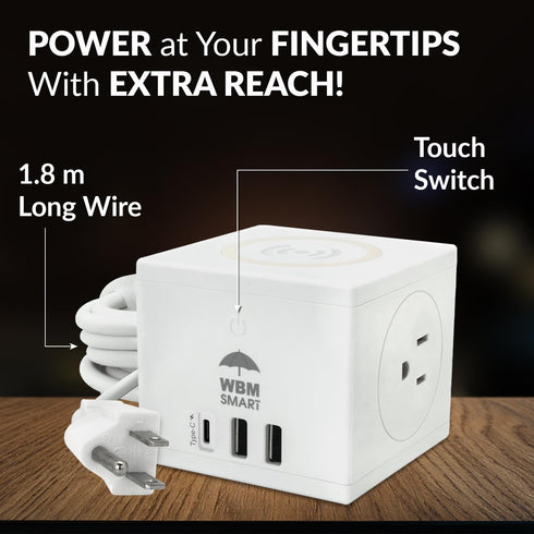 WBM SMART Power Strip Cube, 10A Surge Protector Wireless Charger Station, 2 AC Outlets, 2 USB Ports & Type C Plug