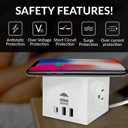 WBM SMART Power Strip Cube, 10A Surge Protector Wireless Charger Station, 2 AC Outlets, 2 USB Ports & Type C Plug