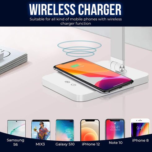 WBM SMART LED Table Lamp, Foldable Desk Lamp with Wireless Charger & USB Port