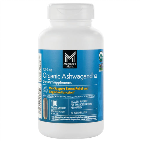 Member’s Mark Organic Ashwagandha 1000 mg Vegetarian Capsules – Herbal Supplement for Daily Wellness (180 Count)
