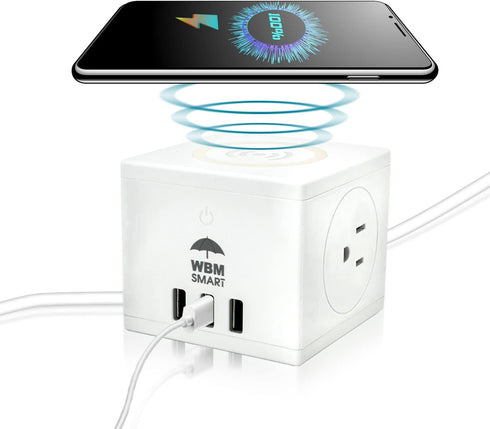 WBM SMART Power Strip Cube, 10A Surge Protector Wireless Charger Station, 2 AC Outlets, 2 USB Ports & Type C Plug