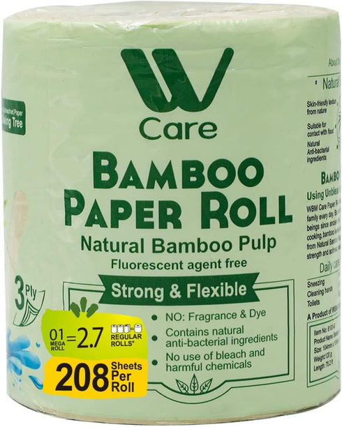 WBM Care Natural Bamboo Toilet Paper, 3-Ply Bath Tissue for Sensitive Skin, Food Grade Standard, 157 Sheets per Roll, Pack of 20 Rolls for a Total 3,140 Sheets
