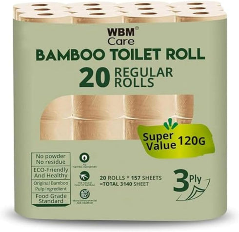 WBM Care Natural Bamboo Toilet Paper, 3-Ply Bath Tissue for Sensitive Skin, Food Grade Standard, 157 Sheets per Roll, Pack of 20 Rolls for a Total 3,140 Sheets