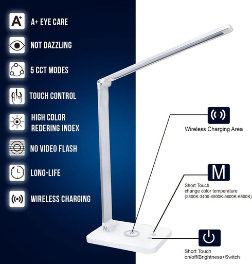 WBM SMART LED Table Lamp, Foldable Desk Lamp with Wireless Charger & USB Port
