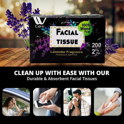 WBM Care Super Soft 2-Ply Facial Tissues with Lavender Fragrance, (Pack of 6) 200 Sheets per Box | 100% Natural Wood Pulp