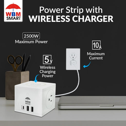 WBM SMART Power Strip Cube, 10A Surge Protector Wireless Charger Station, 2 AC Outlets, 2 USB Ports & Type C Plug