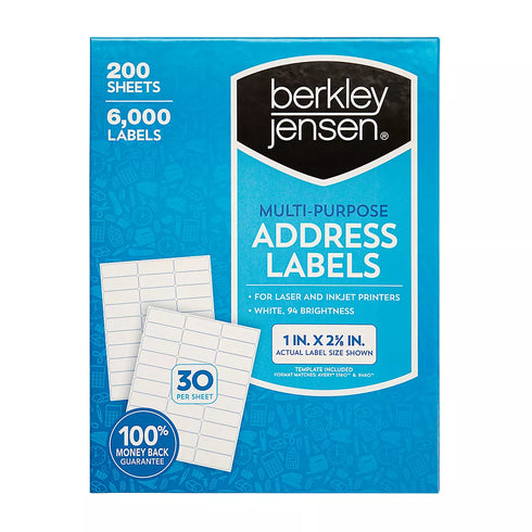 Berkley Jensen Multi-Purpose Address Labels, 6,000 ct – Self-Adhesive Mailing & Organization Labels
