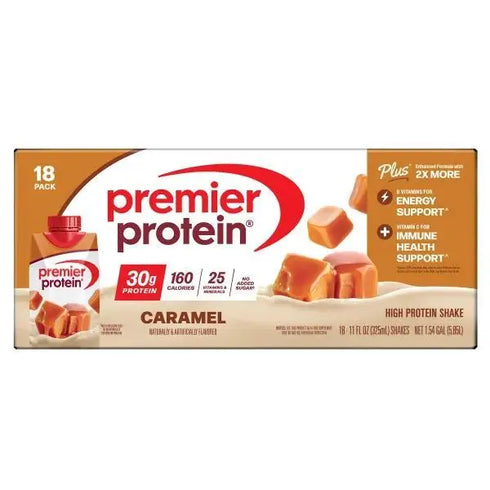 Premier 30g Protein PLUS Energy and Immune Support Shakes, Caramel - 18-pack, 11 fl oz