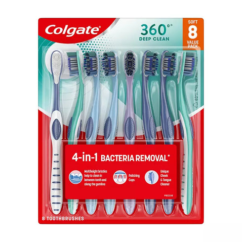 Colgate 360 Whole Mouth Clean Soft Manual Toothbrush, 8 Pack