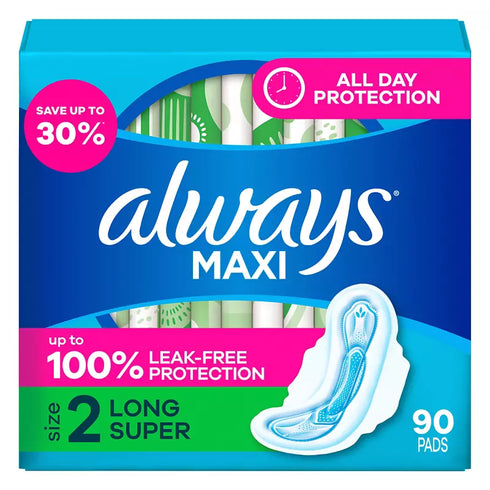 Always Maxi Feminine Pads with Wings, Size 2 Long Super Unscented, 90 Count