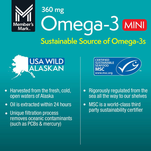 Member’s Mark Omega-3 Fish Oil MINI Softgels, 360 mg per Serving – Heart & Brain Support Supplement (300 Count)