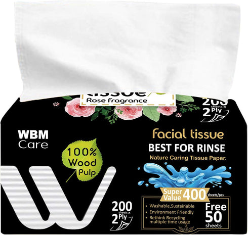 WBM Care Professional Facial Tissues with Rose Fragrance, Ultra-Soft White Tissues, 200 Sheets per Box