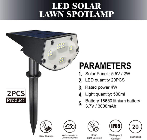 WBM SMART LED Solar Landscape Spotlights, IP67 Waterproof – 2 Pcs