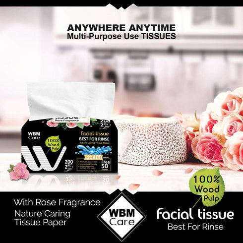 WBM Care Professional Facial Tissues with Rose Fragrance, Ultra-Soft White Tissues, 200 Sheets per Box