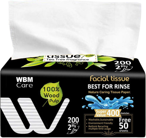 WBM Care Professional Facial Tissue with Tea Tree Fragrance, (Pack of 12) 200 Sheets per Box, Soft and Refreshing Tissues