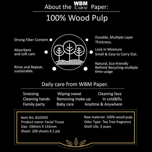 WBM Care Professional Facial Tissue with Tea Tree Fragrance, (Pack of 12) 200 Sheets per Box, Soft and Refreshing Tissues