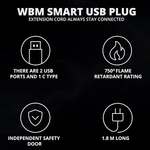 WBM Smart USB Plug Extension Cord, 3 AC, 2 USB Sockets & C-Type
