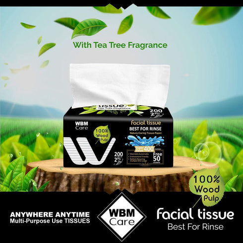 WBM Care Professional Facial Tissue with Tea Tree Fragrance, (Pack of 12) 200 Sheets per Box, Soft and Refreshing Tissues