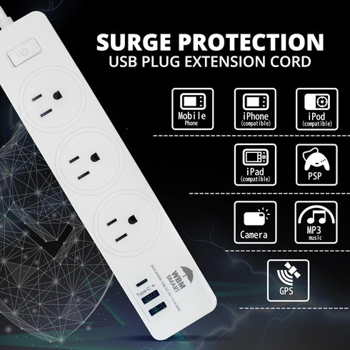 WBM Smart USB Plug Extension Cord, 3 AC, 2 USB Sockets & C-Type