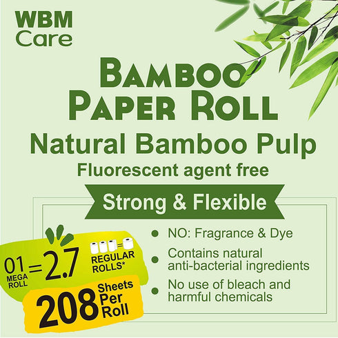WBM Care Natural Bamboo Toilet Paper, 3-Ply Bath Tissue for Sensitive Skin, Food Grade Standard, 157 Sheets per Roll, Pack of 20 Rolls for a Total 3,140 Sheets