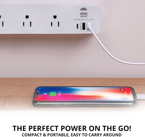 WBM Smart USB Plug Extension Cord, 3 AC, 2 USB Sockets & C-Type