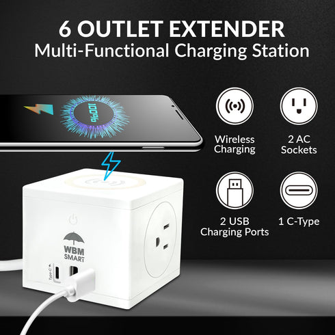 WBM SMART Power Strip Cube, 10A Surge Protector Wireless Charger Station, 2 AC Outlets, 2 USB Ports & Type C Plug